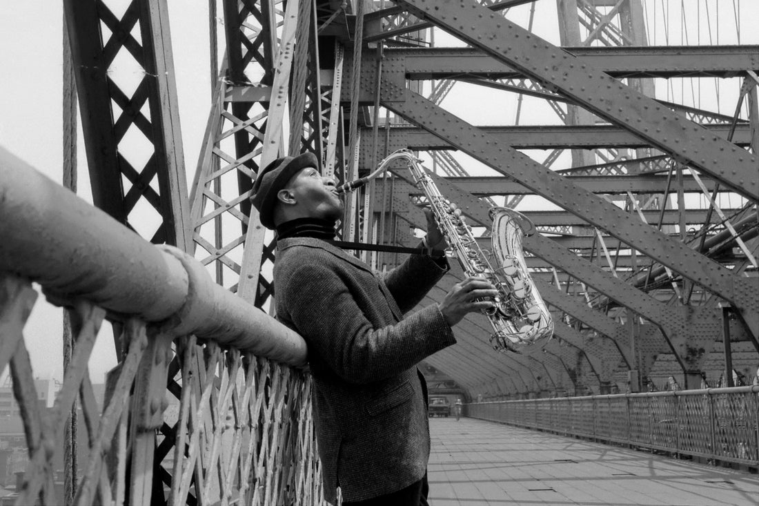 Sonny Rollins plays his saxophone on the Williamsburg Bridge, June 19, 1966.